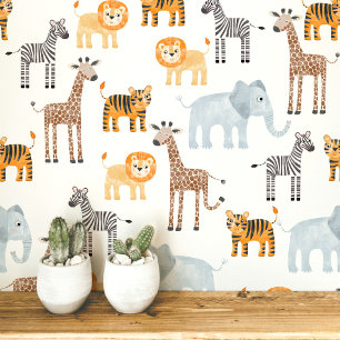 Papier Peint Motif aquarelle d'animaux de safari de bébé mignon