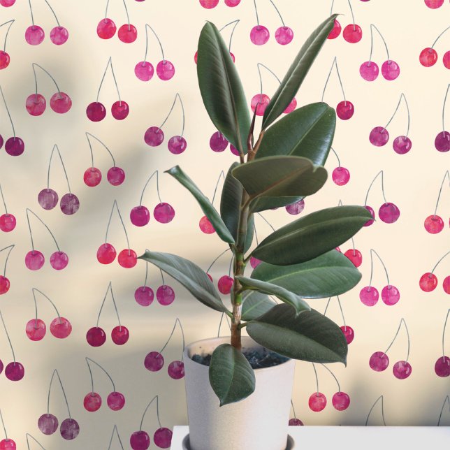 Papier Peint Motif aquarelle de cerise (Sweet watercolor cherry pattern art wallpaper In cream)