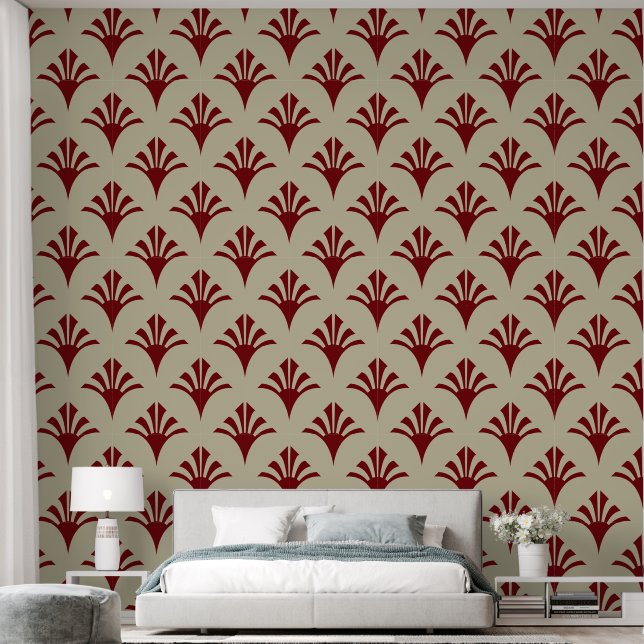 Papier Peint Motif Art Déco 02 - Rouge de minuit sur blanc cass (Chambre à coucher)
