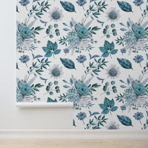 Papier Peint Motif bleu de fleurs et de feuilles