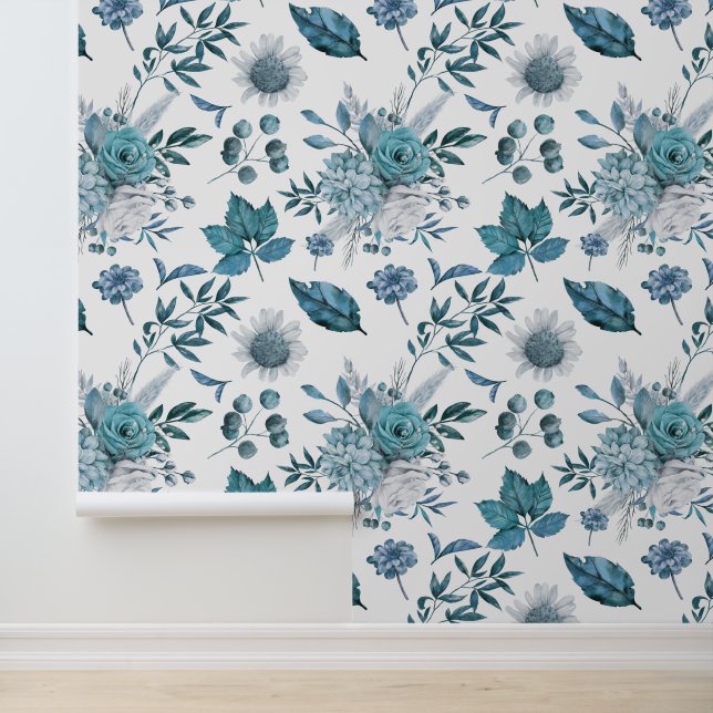 Papier Peint Motif bleu de fleurs et de feuilles (Application)