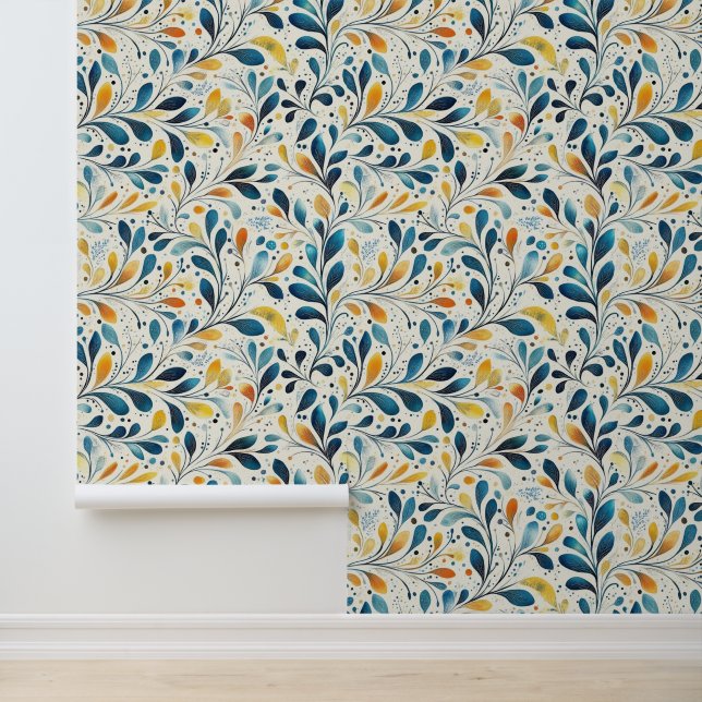 Papier Peint Motif bleu et or Paisley Leaf (2) (Application)