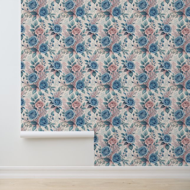 Papier Peint Motif bleu et rose sur blanc doux (Application)