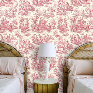 Papier Peint Motif botanique élégant rouge toile de Jouy vintag