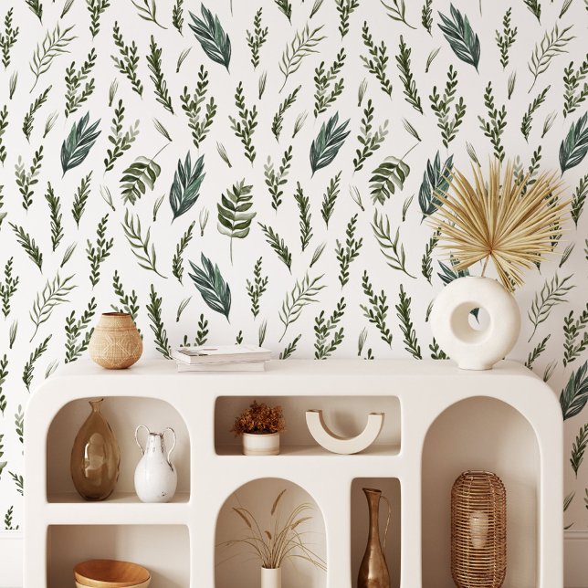 Papier Peint Motif Botanique Feuilles Vertes (In situ)