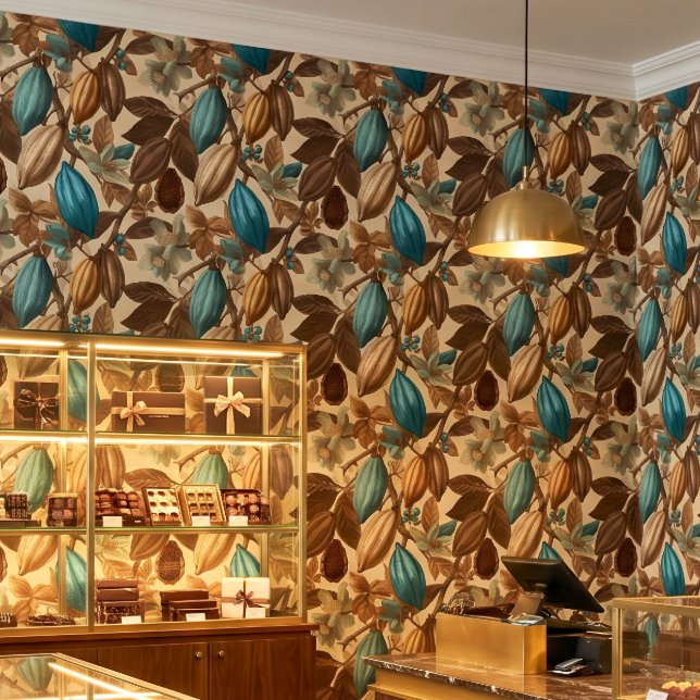 Papier Peint Motif Cacao Turquoise Brun Doré (Créateur téléchargé)