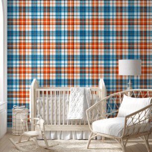 Papier Peint Motif carreaux tartan bleu orange blanc