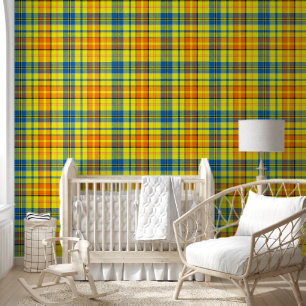 Papier Peint Motif carreaux tartan bleu orange jaune