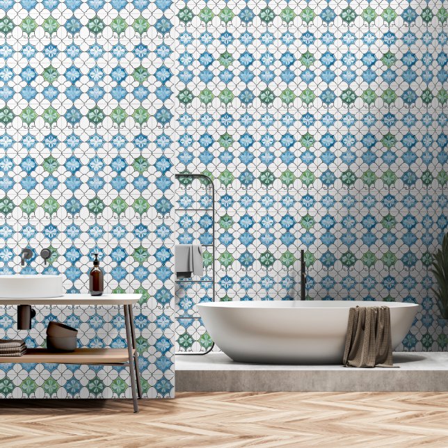 Papier Peint Motif Carrelage Abstrait bleu vert (Salle de bain)