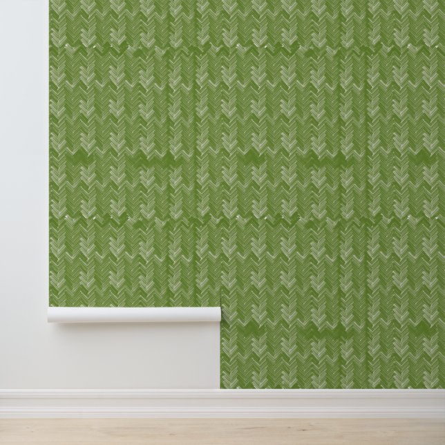 Papier Peint Motif Chevron Herringbone, Forest Green (Application)