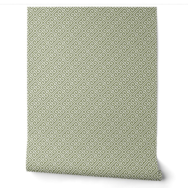 Papier Peint Motif clé grec vert olive et blanc (Déroulement)