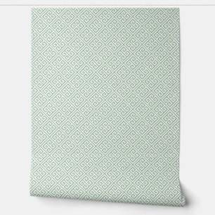 Papier Peint Motif Clé Grecque Vert Sauge et Blanc