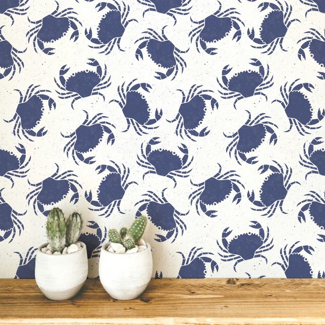 Papier Peint Motif côtier bleu et blanc au crabe (Crab navy blue and white coastal themed wallpaper)