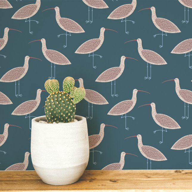 Papier Peint Motif côtier de la barge (Curlew coastal bird teal green art peel and stick wallpaper)