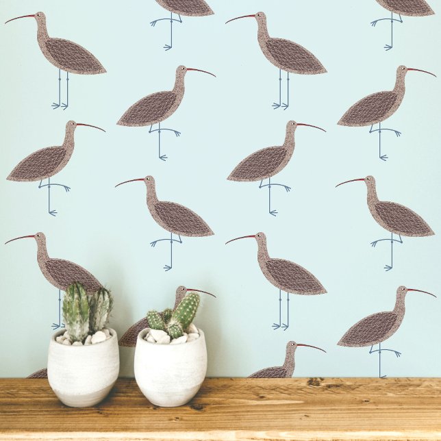 Papier Peint Motif côtier de la barge (Curlew coastal bird pale blue art peel and stick wallpaper)