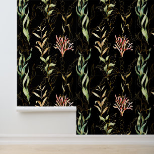 Papier Peint Motif côtier, motif d'algues minimal sur fond noir