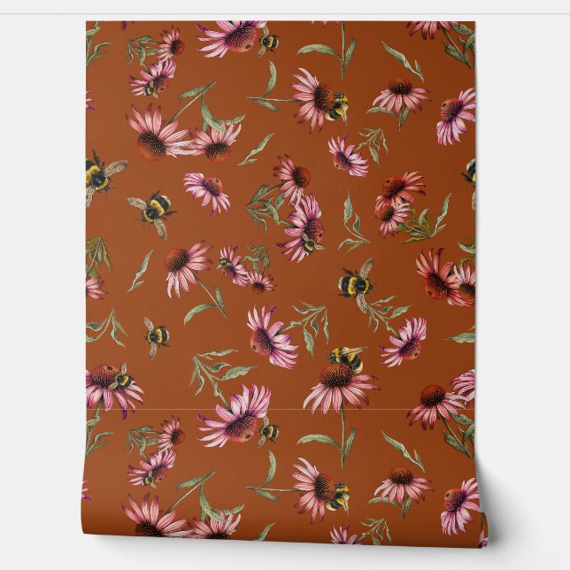 Papier Peint Motif d'abeilles et échinacées (Déroulement)