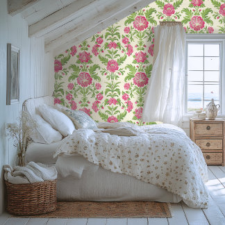 Papier Peint Motif Damas rose et vert