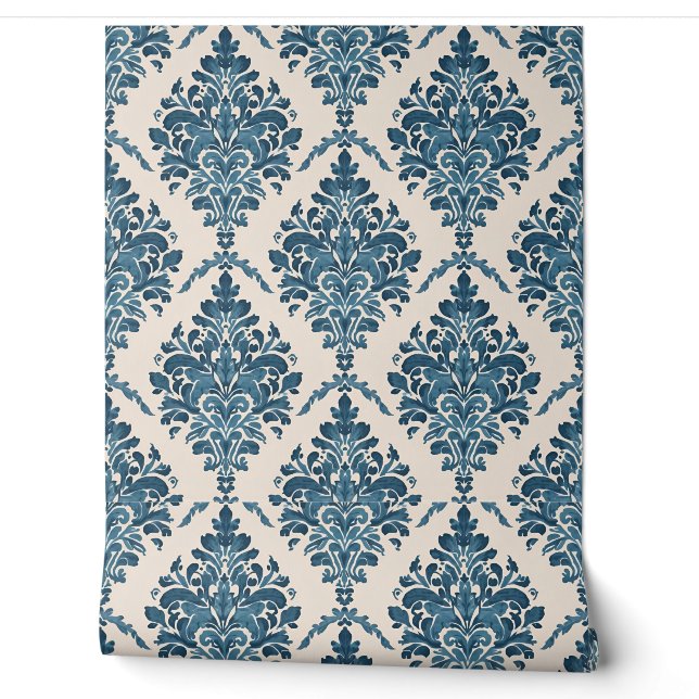 Papier Peint Motif damassé bleu classique (Déroulement)