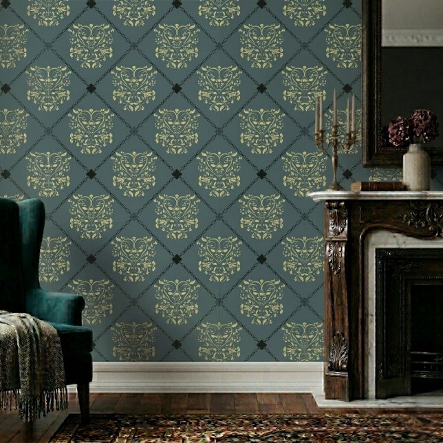 Papier Peint Motif damassé diamant gris vert (Créateur téléchargé)