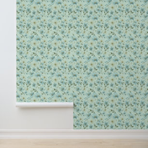 Papier Peint Motif damassé fleuri de style vintage bleu
