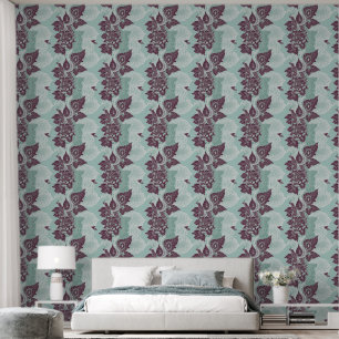 Papier Peint Motif damassé floral sarcelle et mauve, art IA