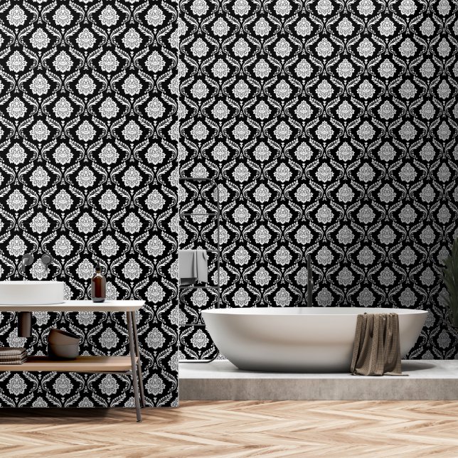 Papier Peint Motif Damassé Rococo Blanc sur Noir (Salle de bain)