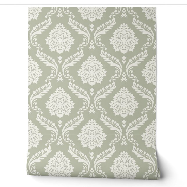 Papier Peint Motif Damassé Rococo Crème sur Fond Vert (Déroulement)