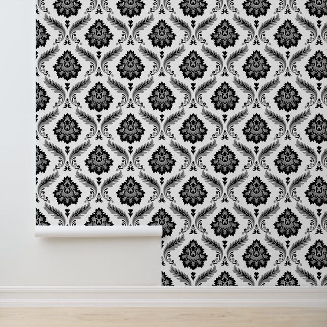 Papier Peint Motif Damassé Rococo Gris Noir Blanc (Application)