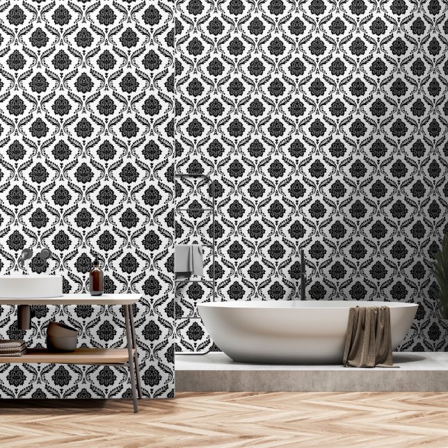 Papier Peint Motif Damassé Rococo Noir sur Blanc (Salle de bain)