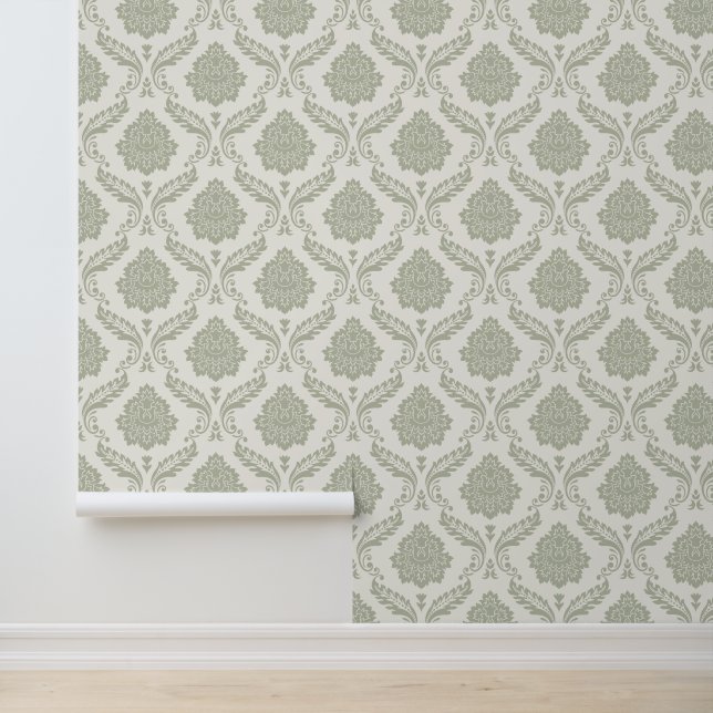 Papier Peint Motif Damassé Rococo Vert sur Crème (Application)