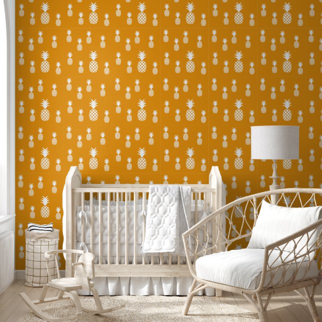 Papier Peint Motif d'ananas blanc jaune ambré exotique (Enfants)