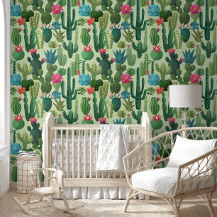 Papier Peint Motif de cactus Turquoises verts en fleurs