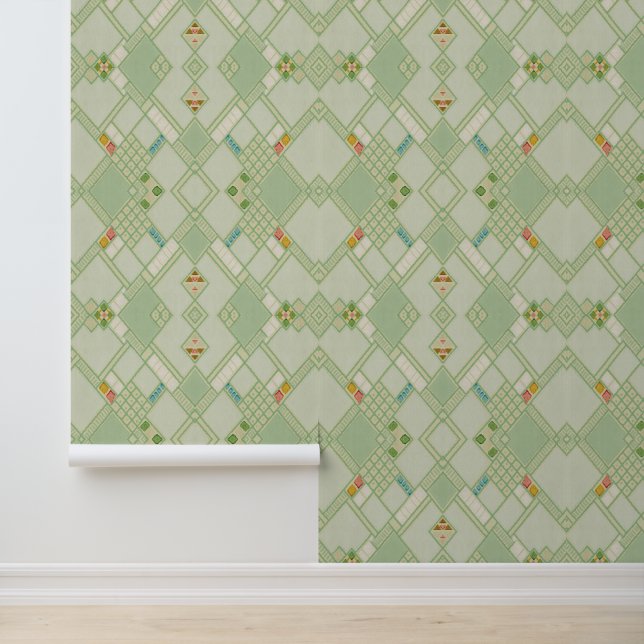 Papier Peint Motif de carreaux de Bohême géométrique vert rétro (Application)