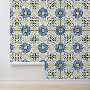 Papier Peint Motif de carreaux de tuiles florales bleu et jaune