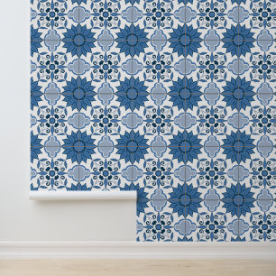 Papier Peint Motif de carrelage floral bleu et blanc