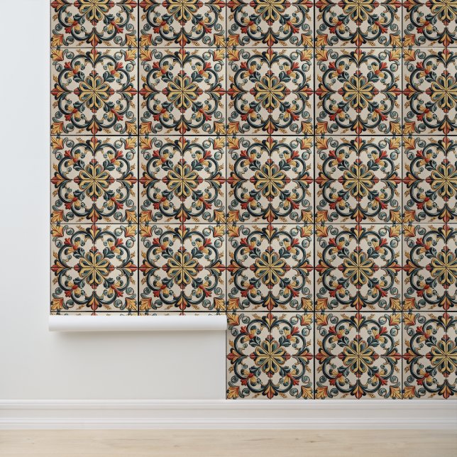 Papier Peint Motif de carrelage floral clair (Application)
