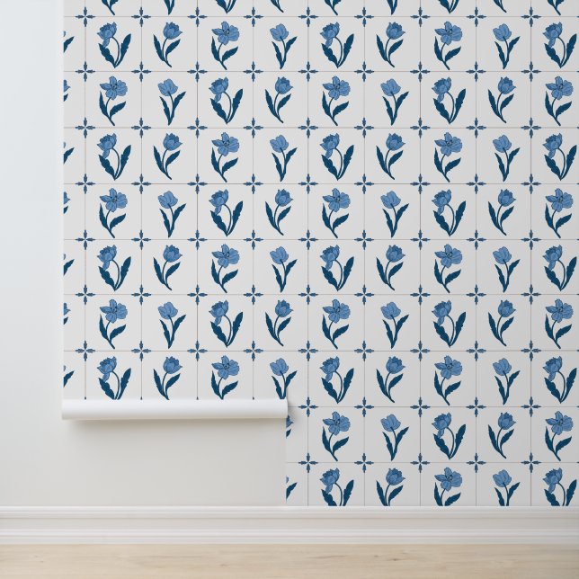 Papier Peint Motif de carrelage floral Delft (Application)