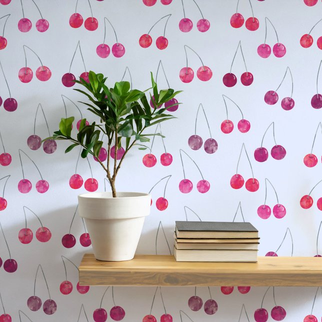 Papier Peint Motif de cerise aquarelle (Sweet watercolor cherry pattern art wallpaper In blue)
