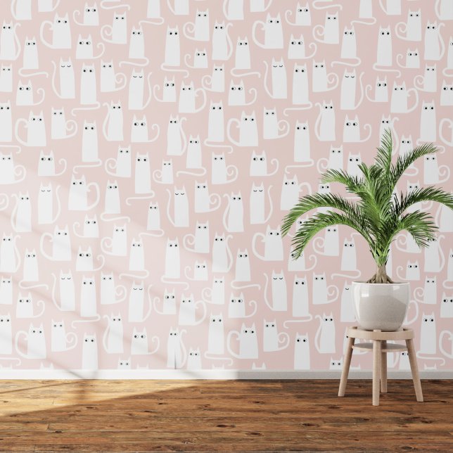 Papier Peint Motif de chat blanc et rose vif (White kitty cats on blush pink art wallpaper)