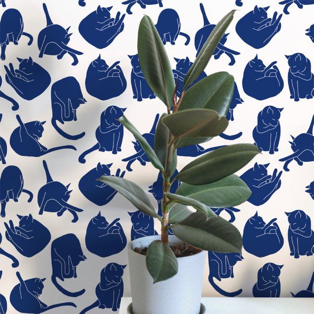 Papier Peint Motif de chat bleu et blanc (Navy indigo blue and white cat wallpaper)