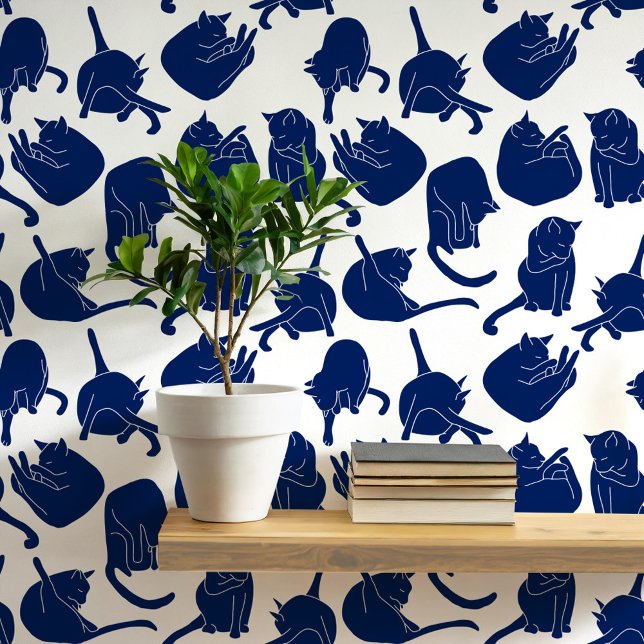 Papier Peint Motif de chat bleu et blanc (Navy indigo blue and white cat wallpaper)