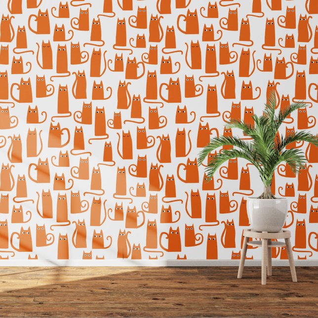 Papier Peint Motif de chat orange et blanc amusant (Orange cats on white art wallpaper)