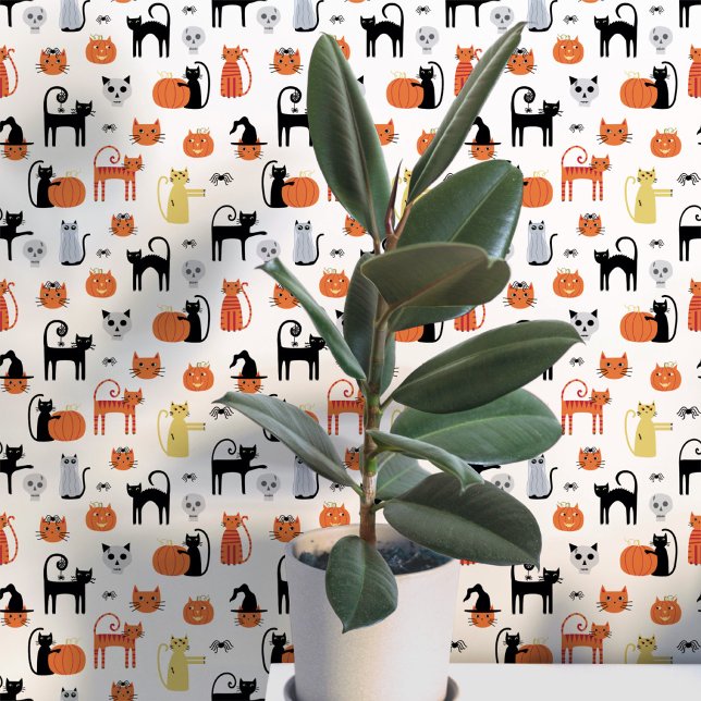 Papier Peint Motif de chats d'Halloween (Fun Halloween black and orange cats, pumpkins, witches, zombies and skulls peel and stick wallpaper)
