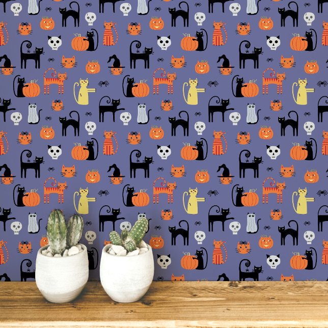 Papier Peint Motif de chats d'Halloween (Fun Halloween black and orange cats, pumpkins, witches, zombies and skulls peel and stick wallpaper)