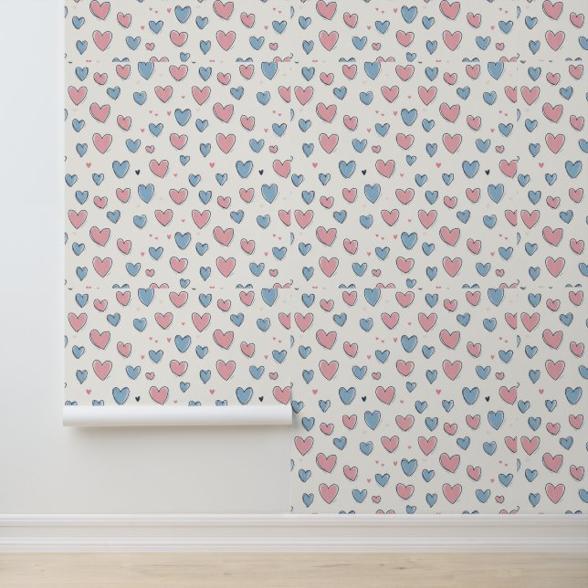 Papier Peint Motif de Coeurs à main rose et bleu (Application)