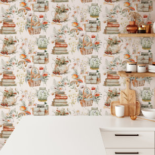 Papier Peint Motif de Cottagecore Champignon Floral Fantaisiste