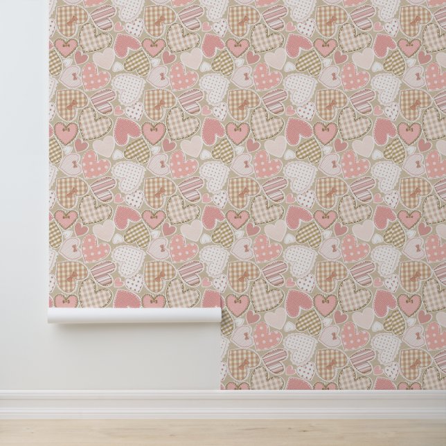 Papier Peint Motif de Courtepoint Patchwork Joli Cœurs Roses Ru (Application)