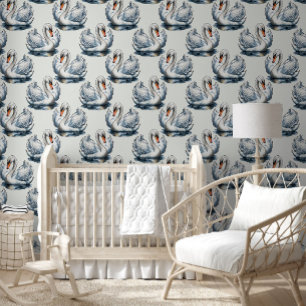 Papier Peint Motif de cygnes sur fond blanc
