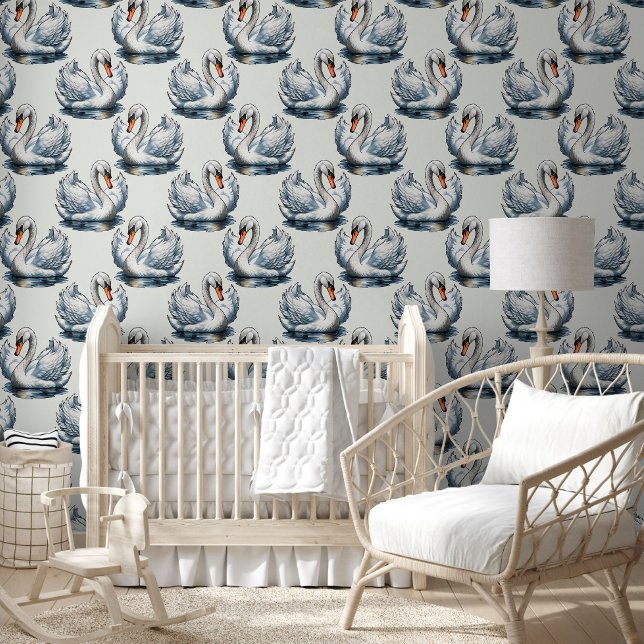Papier Peint Motif de cygnes sur fond blanc (Créateur téléchargé)